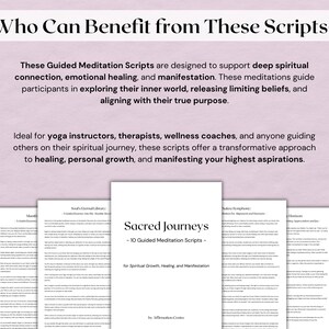 May include: A stack of printed meditation scripts titled "Sacred Journeys" with the subtitle "10 Guided Meditation Scripts". The text describes the scripts' purpose for spiritual growth, healing, and manifestation.