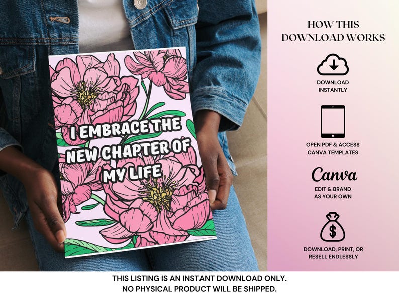Puede incluir: Una descarga digital con un dise&ntilde;o floral de peon&iacute;as rosas y el texto "I EMBRACE THE NEW CHAPTER OF MY LIFE". El dise&ntilde;o est&aacute; sobre un fondo blanco con detalles verdes. El listado es una descarga instant&aacute;nea.