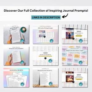 May include: A collection of nine different journal prompt sets, each with a colorful background and a title. The titles include "300 Journaling Prompts", "100 Creative Writing Prompts", "1000 Spiritual Journal Prompts", "300 Journaling Prompts", "3000 Journal Prompts", "Mind Exploration Cards", "365 Journal Prompts", "100 Journaling Prompts", and "1000 Emotional Journal Prompts".