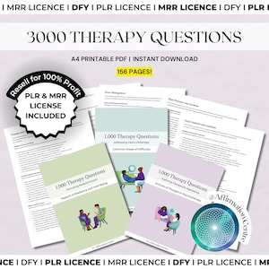 Peut inclure: Un produit numérique téléchargeable avec 3000 questions de thérapie en PDF imprimable. L'image présente des couvertures de livres avec des titres tels que "1 000 questions de thérapie" et "156 pages !" Un badge indique la licence PLR & MRR incluse.