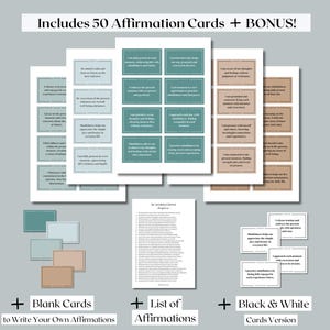 May include: Set of 50 affirmation cards with a teal and brown color scheme. The cards include positive affirmations and a bonus set of blank cards to write your own affirmations. A list of affirmations is also included.