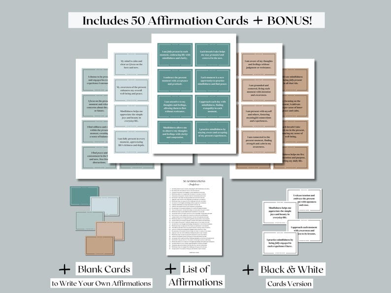 May include: Set of 50 affirmation cards with a teal and brown color scheme. The cards include positive affirmations and a bonus set of blank cards to write your own affirmations. A list of affirmations is also included.