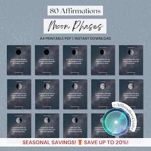 80 Moon Phases Digital Affirmation Cards - Printable Lunar Cycle Cards Deck -Full Moon Cards - New Moon Astrology Cheat Sheets -Lunar Phases