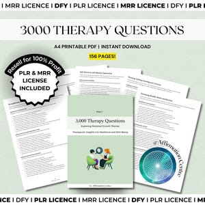 May include: A collection of printable PDF documents titled "3000 Therapy Questions" with the text "Exploring Personal Growth Themes". The documents include a "PLR & MRR LICENSE INCLUDED" badge and are 156 pages long.