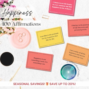 100 Happy Affirmation Cards - Printable Happiness Poster - Emotional Regulation Cards - Grounding Technique Cards - Happy Bookmark Printable
