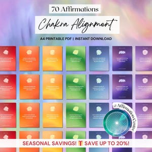 70 Chakra Alignment Digital Affirmations Cards -Printable Chakra Healing Meditation Cards -Chakra Balancing Guide -Reiki, Yoga Session Cards