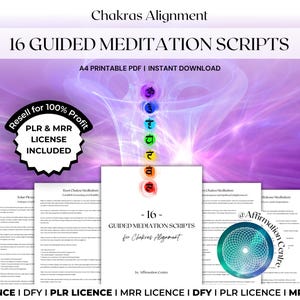 Op de afbeelding: Advertentie voor 16 geleide meditatiescripts voor Chakra-uitlijning, beschikbaar als afdrukbare PDF. De afbeelding heeft een paarse en witte achtergrond met de tekst "16 Geleide Meditatiescripts" en "A4 Printbare PDF | Direct downloaden".