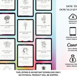 May include: Digital download of self-help journals on tablets. Each journal cover features line art and titles like "Stress Management Journal" and "Self-Confidence Planner." The image also includes instructions on how to download and use the templates.