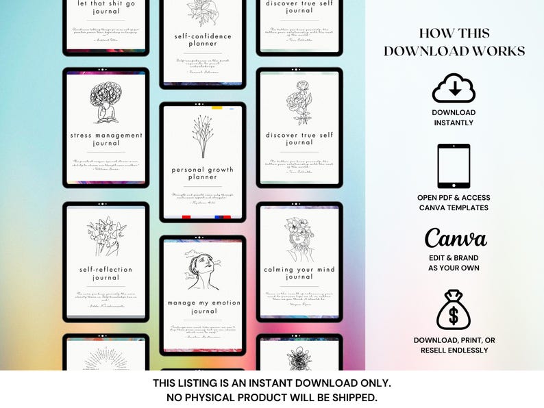 May include: Digital download of self-help journals on tablets. Each journal cover features line art and titles like "Stress Management Journal" and "Self-Confidence Planner." The image also includes instructions on how to download and use the templates.