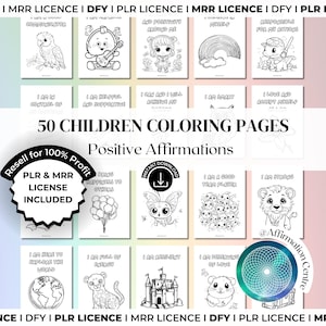 Könnte beinhalten: Eine Sammlung von 50 Malvorlagen für Kinder mit positiven Affirmationen. Jede Seite zeigt eine andere Schwarz-Weiß-Illustration mit Text. Die Wörter "50 CHILDREN COLORING PAGES" und "Positive Affirmations" sind sichtbar.