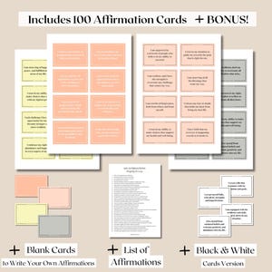 K&ouml;nnte beinhalten: Ein Set mit 100 Affirmationskarten mit einem Bonus-Set an leeren Karten zum Schreiben eigener Affirmationen, einer Liste von Affirmationen und einer Schwarzwei&szlig;version der Karten.