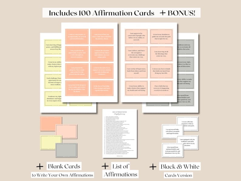 K&ouml;nnte beinhalten: Ein Set mit 100 Affirmationskarten mit einem Bonus-Set an leeren Karten zum Schreiben eigener Affirmationen, einer Liste von Affirmationen und einer Schwarzwei&szlig;version der Karten.