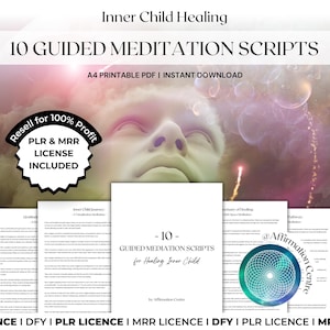 Op de afbeelding: Digitaal product: "10 Geleide Meditatiescripts voor het genezen van het innerlijke kind". De afbeelding toont een wit standbeeldhoofd, een rond logo en meerdere tekstpagina's. Inclusief PLR & MRR licentie.