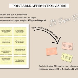K&ouml;nnte beinhalten: Druckbare Affirmationskarten mit positiven Botschaften auf gelbem Hintergrund. Die Karten sind so konzipiert, dass sie ausgeschnitten und f&uuml;r Selbstreflexion und Motivation verwendet werden k&ouml;nnen. Jede Karte misst 9 x 6 cm.