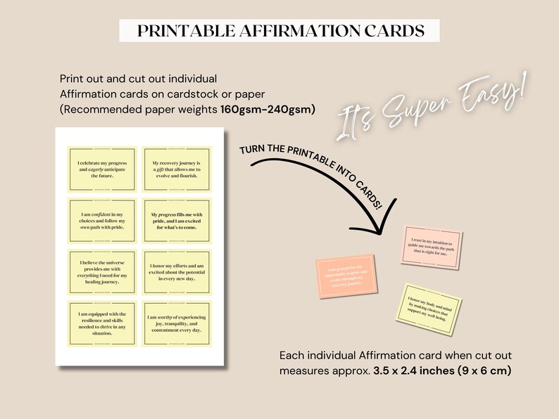 K&ouml;nnte beinhalten: Druckbare Affirmationskarten mit positiven Botschaften auf gelbem Hintergrund. Die Karten sind so konzipiert, dass sie ausgeschnitten und f&uuml;r Selbstreflexion und Motivation verwendet werden k&ouml;nnen. Jede Karte misst 9 x 6 cm.