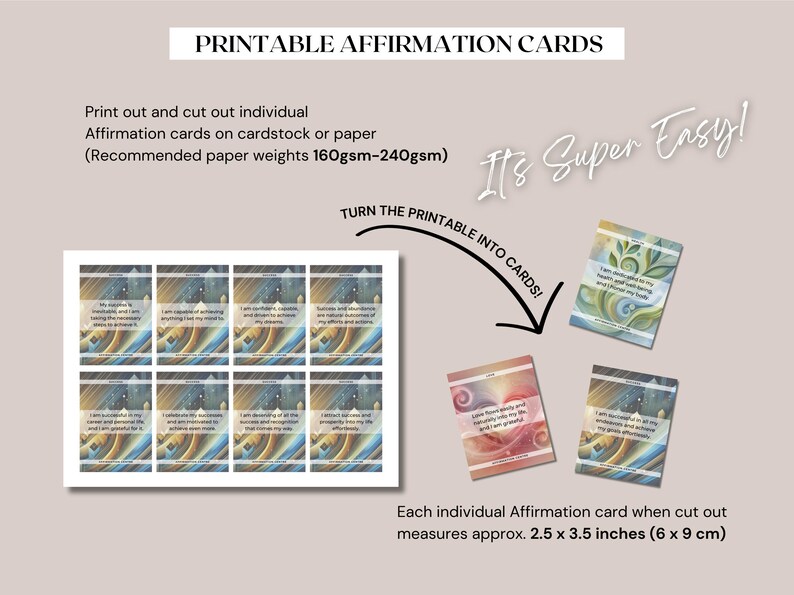 Puede incluir: Cartas de afirmaci&oacute;n imprimibles con fondos coloridos y citas inspiradoras. Las cartas est&aacute;n dise&ntilde;adas para ser recortadas y utilizadas para la autorreflexi&oacute;n y la motivaci&oacute;n. Cada carta mide 6,35 x 8,89 cm.