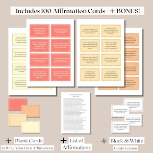 Op de afbeelding: Een set van 100 affirmatiecards met roze en witte tekst op een perzikkleurige achtergrond. De set bevat blanco kaarten om je eigen affirmaties op te schrijven, een lijst met affirmaties en een zwart-witte versie van de kaarten.