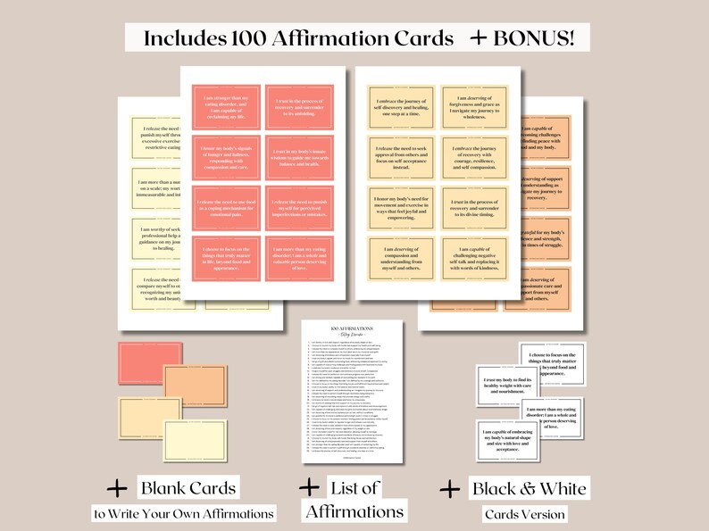 Op de afbeelding: Een set van 100 affirmatiecards met roze en witte tekst op een perzikkleurige achtergrond. De set bevat blanco kaarten om je eigen affirmaties op te schrijven, een lijst met affirmaties en een zwart-witte versie van de kaarten.