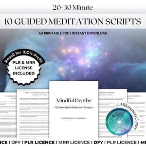 Op de afbeelding: Afbeelding van een digitaal product met 10 geleide meditatie scripts, getiteld "Mindful Depths". Het product bevat een PLR & MRR licentie. De achtergrond toont een nevelachtig ontwerp met de tekst "20-30 Minute" en "A4 Printable PDF | Instant Download".