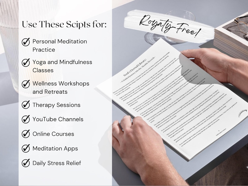May include: A person holding a document with text, "Soul's Eternal Library". The document is on a gray surface with the text "Use These Scripts for:" and a list of applications. The words "Royalty-Free!" are written across the top.
