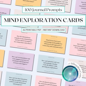 100 utskrivbara dagbokskort - Kort för sinnesutforskning - Frågor om introspektiv dagbok - Kort för självutveckling - Utskrivbar mindfulness-resurs