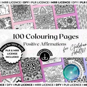 Può includere: Una raccolta di 100 pagine da colorare con affermazioni positive per bambini e adulti. Le pagine presentano disegni intricati e citazioni ispiratrici. Include una licenza PLR & MRR. È presente anche il testo "Download istantaneo".
