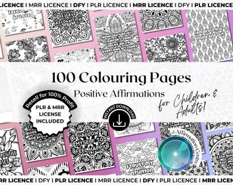 PLR MRR 100 Affirmations Adult Coloring Pages Canva Editable, Mindfulness Wellness Mental Health Coach Resell Resources Mrr Plr Dfy Coloring