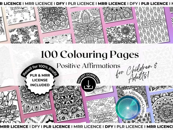 PLR MRR 100 Affirmations Adult Coloring Pages Canva Editable, Mindfulness Wellness Mental Health Coach Resell Resources Mrr Plr Dfy Coloring