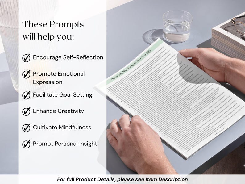 May include: A person holding a journal with the title "Discovering Your Strengths: Your Inner Gifts." The journal is open, revealing lined pages of text. Text on the left side lists prompts to encourage self-reflection, promote emotional expression, and facilitate goal setting.