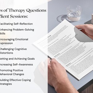 Pu&ograve; includere: Un elenco di usi per le domande di terapia nelle sessioni con i clienti. L'elenco include facilitare l'auto-riflessione, migliorare le capacit&agrave; di problem-solving, incoraggiare l'espressione emotiva, sfidare le distorsioni cognitive, stabilire e raggiungere obiettivi, aumentare la consapevolezza di s&eacute;, promuovere cambiamenti comportamentali positivi e sviluppare strategie di coping efficaci.