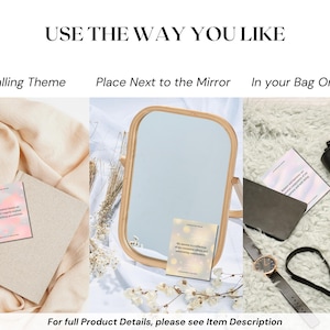 May include: Three images showing different ways to use a small, colorful, inspirational quote card. The first image shows the card on a beige blanket with a journal. The second image shows the card next to a wooden framed mirror. The third image shows the card in a black purse on a fluffy white surface.