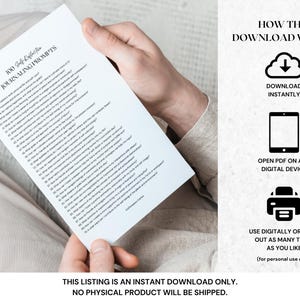 May include: A white paper with the text "100 Self-Reflection Journaling Prompts" is held by a person. The image also includes icons and text that describe how the digital download works. The text at the bottom says "This listing is an instant download only. No physical product will be shipped."