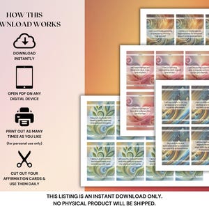 Puede incluir: Cartas de afirmaci&oacute;n imprimibles con dise&ntilde;os abstractos coloridos y afirmaciones positivas. Las tarjetas est&aacute;n listas para imprimirse, recortarse y usarse a diario. Descarga instant&aacute;nea.