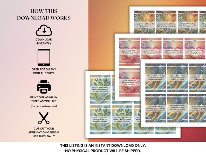 Puede incluir: Cartas de afirmaci&oacute;n imprimibles con dise&ntilde;os abstractos coloridos y afirmaciones positivas. Las tarjetas est&aacute;n listas para imprimirse, recortarse y usarse a diario. Descarga instant&aacute;nea.
