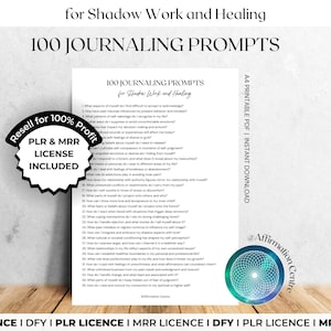 Puede incluir: Un PDF imprimible A4 blanco con 100 indicaciones de diario para el trabajo de la sombra y la curación. El texto incluye "Resell for 100% Profit" y "PLR & MRR LICENSE INCLUDED". La imagen también presenta un logotipo para el Affirmation Centre.
