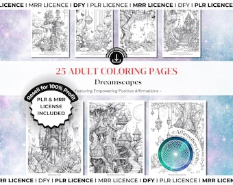 PLR MRR 25 páginas para colorear de paisajes oníricos para adultos editables en Canva - Recursos de reventa para coaches de salud mental, bienestar y atención plena Mrr Plr Dfy Coloring