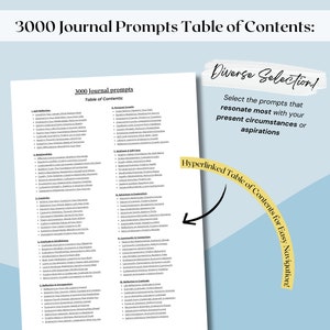 May include: A white page with the text "3000 Journal Prompts Table of Contents" and a detailed list of journal prompts. The image includes the text "Diverse Selection!" and "Hyperlinked Table of Contents for Easy Navigation!" on a light blue background.