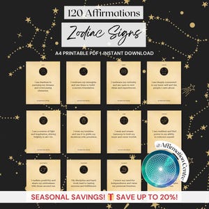 120 Zodiac Signs Affirmation Cards Digital - Printable Astrology Cheat Sheet - Horoscope Manifestation Cards- Birth Chart -Natal Chart Tools