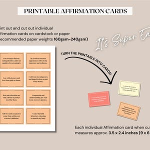 Op de afbeelding: Printbare affirmatiekaarten met positieve boodschappen. De kaarten zijn ontworpen om uit te knippen en te gebruiken voor zelfreflectie en motivatie. Elke kaart meet 9 x 6 cm.