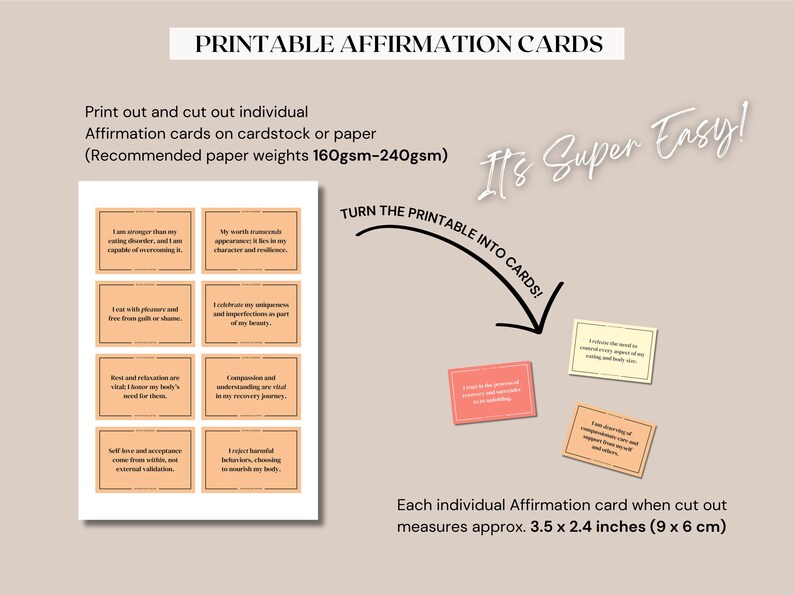 Op de afbeelding: Printbare affirmatiekaarten met positieve boodschappen. De kaarten zijn ontworpen om uit te knippen en te gebruiken voor zelfreflectie en motivatie. Elke kaart meet 9 x 6 cm.