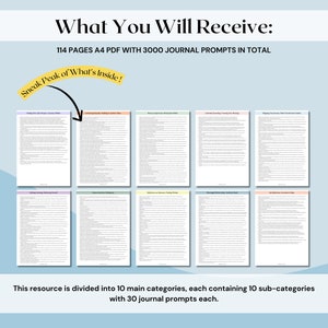 May include: A digital product showcasing a journal with 3000 prompts across 10 categories. The text reads "What You Will Receive: 114 Pages A4 PDF with 3000 Journal Prompts in Total." A "Sneak Peak of What's Inside!" is also visible.