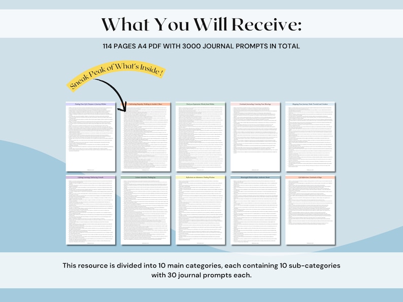 May include: A digital product showcasing a journal with 3000 prompts across 10 categories. The text reads "What You Will Receive: 114 Pages A4 PDF with 3000 Journal Prompts in Total." A "Sneak Peak of What's Inside!" is also visible.