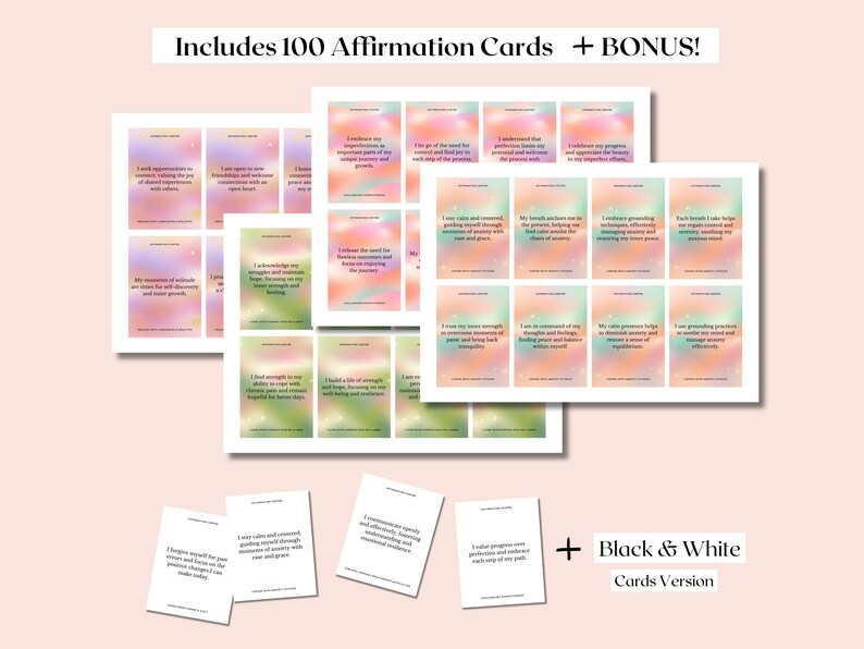May include: A set of 100 affirmation cards with colourful backgrounds and inspirational quotes. Includes a bonus black and white version of the cards.  "Includes 100 Affirmation Cards + BONUS!" and "Black & White Cards Version" are printed on the image.