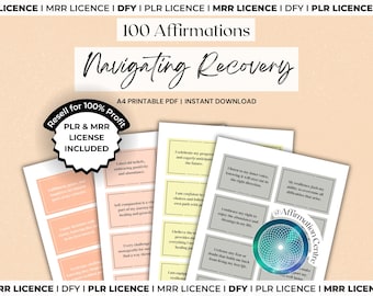 May include: A collection of printable affirmation cards with the title "Navigating Recovery." The cards feature various affirmations in different colors, with the text "100 Affirmations" and "A4 Printable PDF | Instant Download" displayed above. A circular logo is also visible.