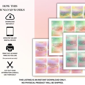 May include: A set of printable affirmation cards with a rainbow gradient background. The cards feature positive affirmations such as "I find solace in the love and cherished memories that continue to bring me comfort" and "I allow myself to grieve while working towards growth and healing. I find support in my resilience".