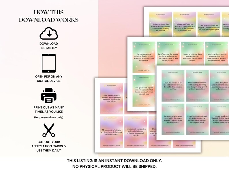 May include: A set of printable affirmation cards with a rainbow gradient background. The cards feature positive affirmations such as "I find solace in the love and cherished memories that continue to bring me comfort" and "I allow myself to grieve while working towards growth and healing. I find support in my resilience".
