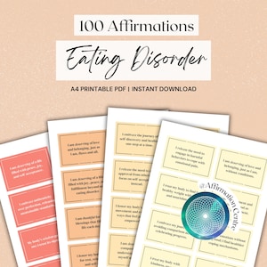 100 tarjetas imprimibles de afirmaciones sobre trastornos alimentarios - Folletos de terapia para la anorexia - Atracones - Imagen corporal - Recuperación de trastornos alimentarios para adolescentes y adultos