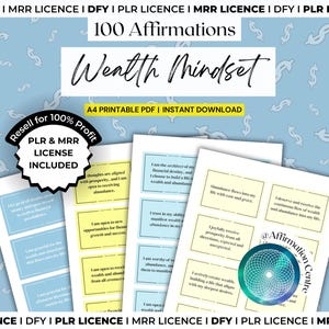 Puede incluir: Una descarga digital titulada "100 Affirmations Wealth Mindset" con un fondo azul claro y un patrón de signo de dólar. La imagen incluye tarjetas de afirmación imprimibles con texto, una insignia de "Reventa con un 100% de beneficio" y el texto "PDF IMPRIMIBLE A4 | DESCARGA INSTANTÁNEA."