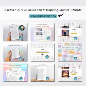May include: A collection of journal prompts, including 365, 1000, and 3000 prompts, and creative writing prompts. The image features various layouts with text and graphics, with the text "LINKS IN DESCRIPTION" at the top.