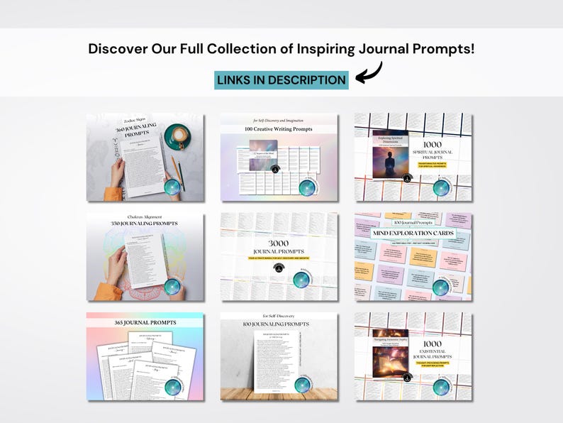 May include: A collection of journal prompts, including 365, 1000, and 3000 prompts, and creative writing prompts. The image features various layouts with text and graphics, with the text "LINKS IN DESCRIPTION" at the top.